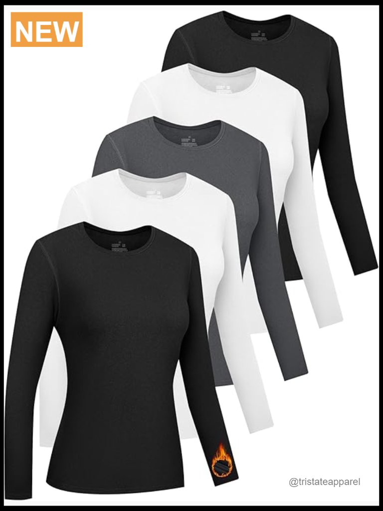 5 Pack Womens Long Sleeve Thermal Shirts Crew Neck Fleece Lined Baselayer